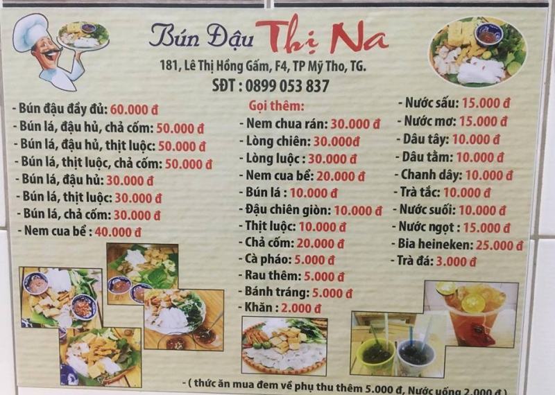 Menu of Thi Na shrimp paste noodle shop