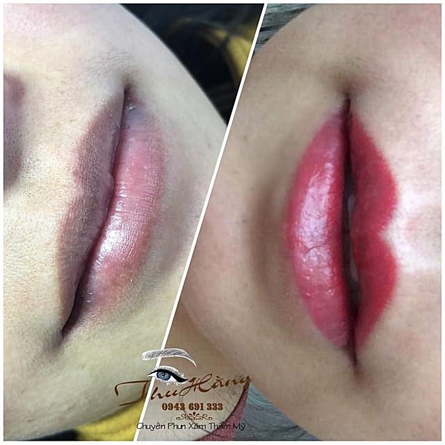 Lips before and after using Thu Hang's lip spray service