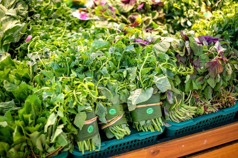 Clean vegetables with Lanh leaves on supermarket shelves