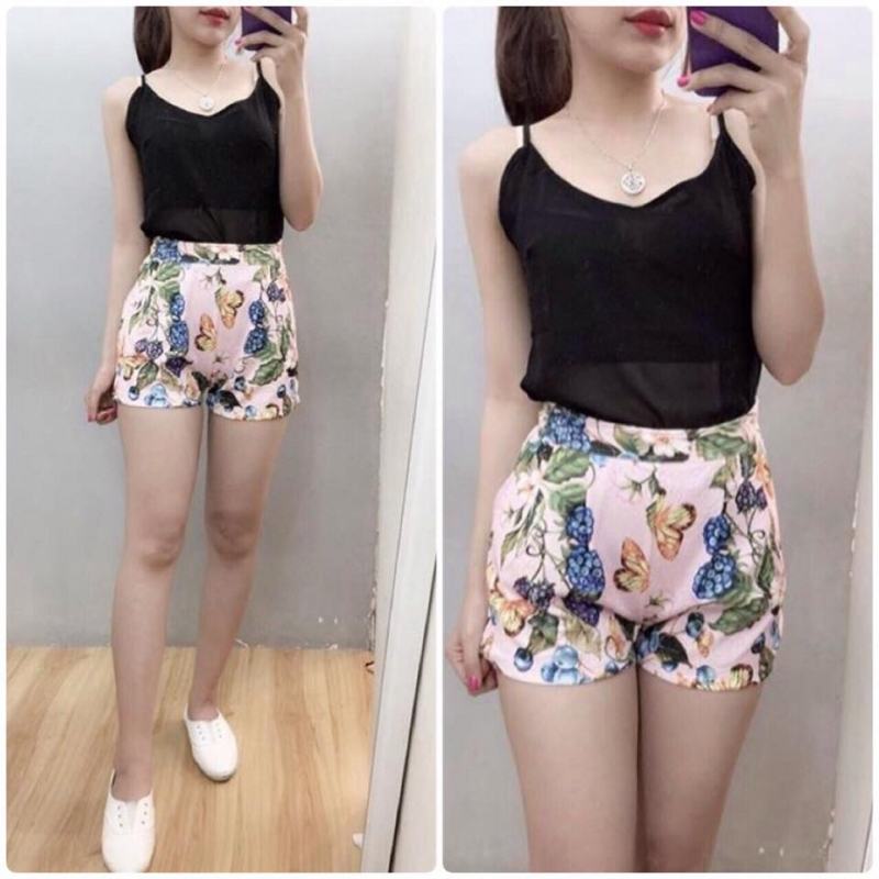 Personality black two-string shirt mix youthful and dynamic floral shorts