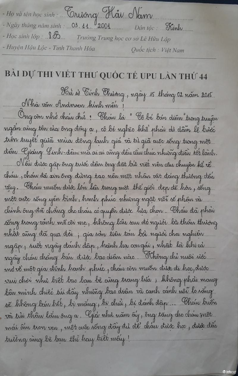 The letter that won the first prize from Truong Hoai Nam