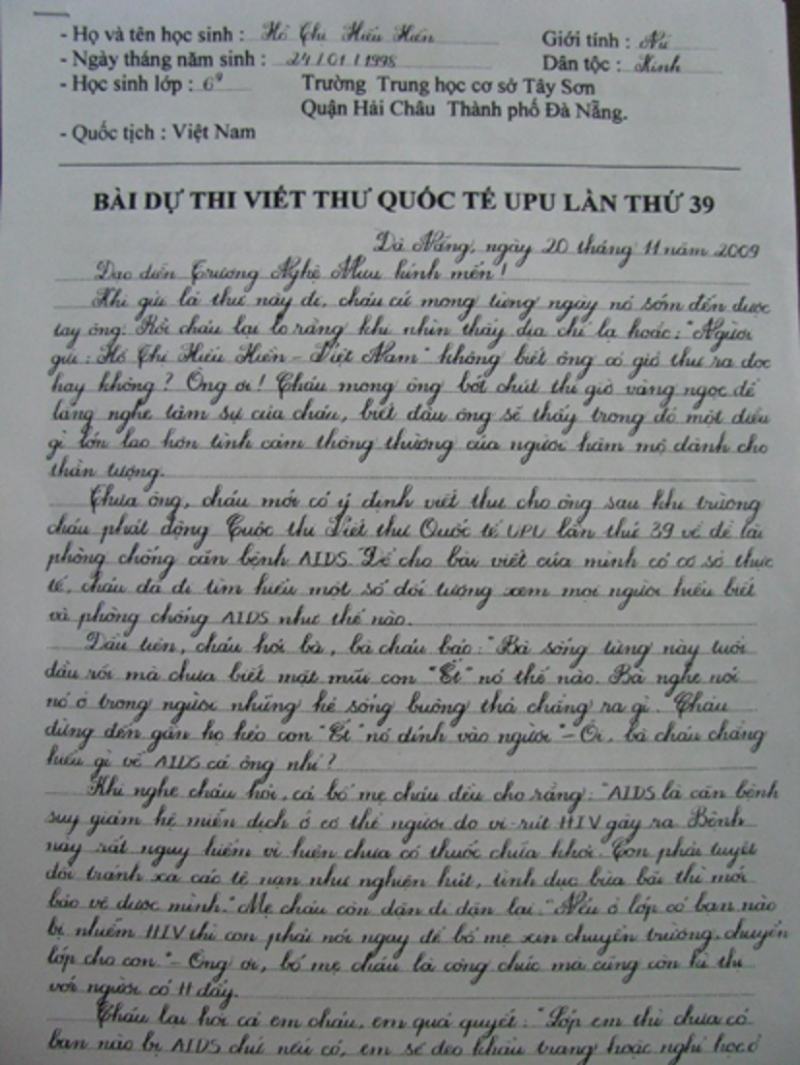 The letter that won the first prize from Ho Thi Hieu Hien