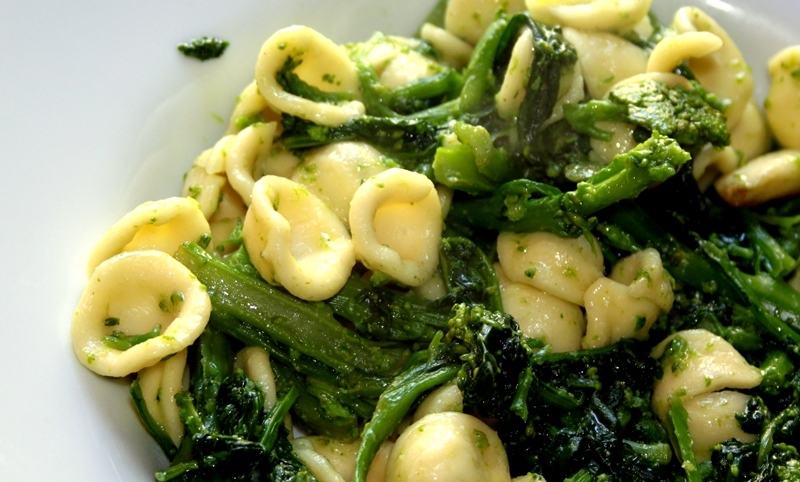 Orecchiette is cooked with broccoli then stir-fried with anchovies, crushed garlic and a little chili