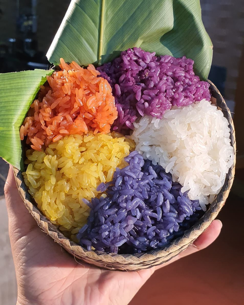Small but colorful sticky rice balls are often used during holidays