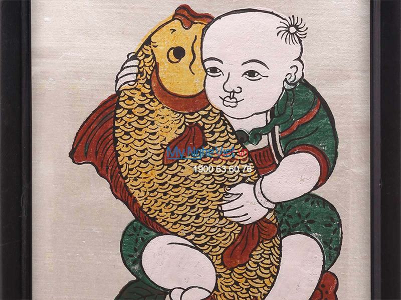 Painting of a baby hugging a shrimp and hugging a fish in Dong Ho folklore