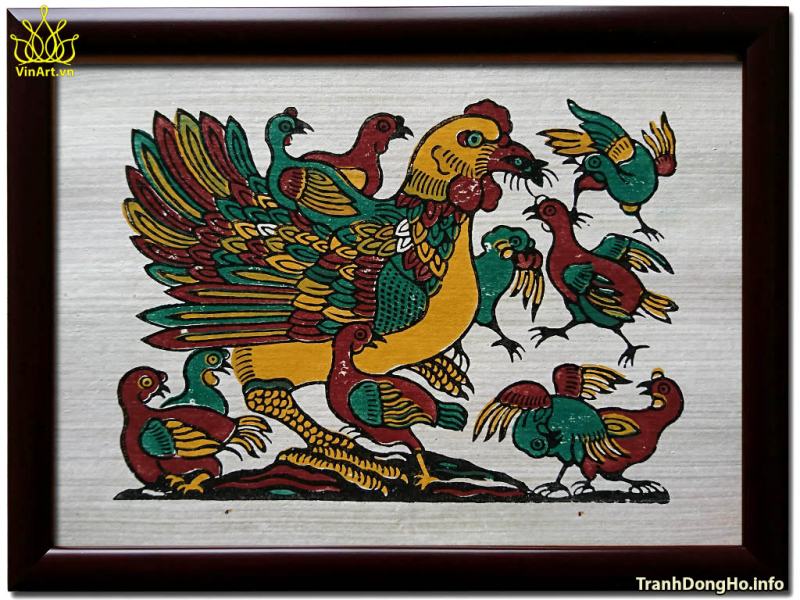 Folk painting Mother and baby chickens