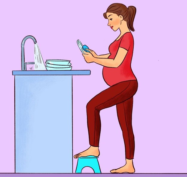 Support your feet on boxes and stools when standing for a long time in one place washing dishes