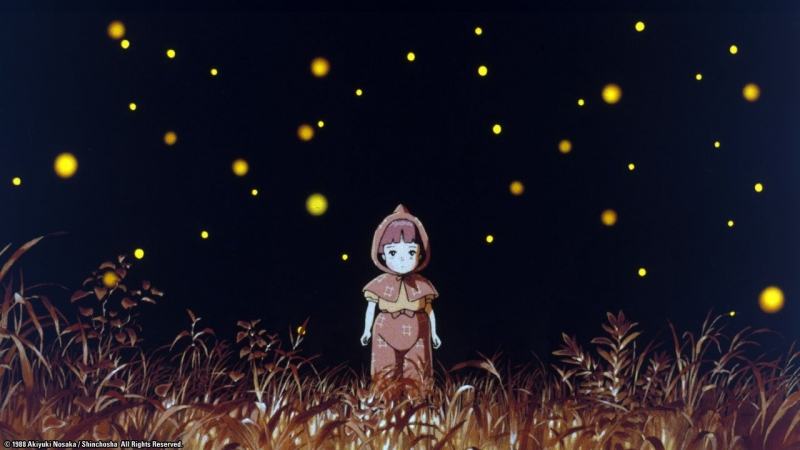 A picture of a little sister with a lot of fireflies