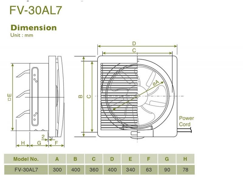 Specifications Panasonic FV-30AL7 . residential wall-mounted exhaust fan