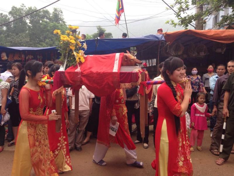 The Mo stream temple festival consists of two parts: the procession of the people of Dom village and Quynh village.